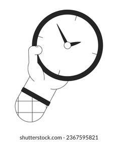 Reloj de sujeción para comprobar la ilustración de la mancha vectorial por concepto de tiempo bw. Mostrando tiempo 2D caricatura de línea plana monocromática mano para el diseño de interfaz de usuario web. Imagen de héroe de contorno aislado editable