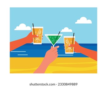 Holding cocktail glasses with friends on the beach looking ocean view together and relaxing. Character designs. Vector flat illustration