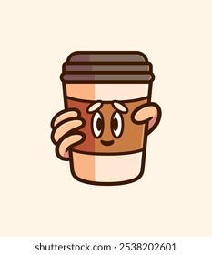 Holding a Coffee Cup with a Playful Expression Adorable Vector Illustration of a Cheerful Cartoon Character