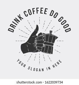 holding a coffee pot hand drawn, coffee shop logo, icon, sillhouette, flat design, vintage with noise effect.