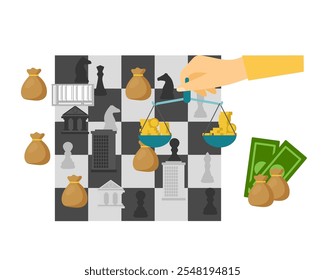 Holding company, a company that buys other companies. Chess board and hand with scales. Vector simple color flat illustration.