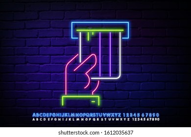 Holding Credit Card Neon Sign. Vector Illustration of Business Promotion. Credit card business, finance design. Night bright neon sign, colorful billboard, light banner. Vector illustration