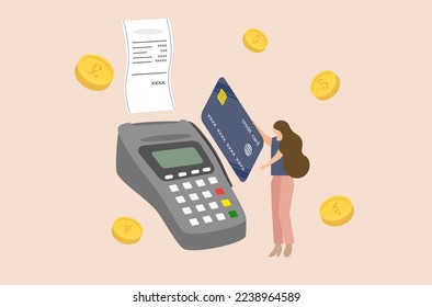 Woman’s holding credit card vector, woman cashier is using credit card machine for payment, a female is making payment through credit card machine vector, flat design of woman life style vector.