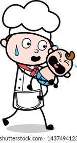 Holding a Crying Baby - Cartoon Waiter Male Chef Vector Illustration