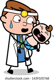 Holding a Crying Baby - Professional Cartoon Doctor Vector Illustration