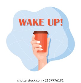 Sujetando una taza de café. Despierta, refresca las bebidas de la mañana. Cafeína para energía en el trabajo. Afiche publicitario para café o restaurante, imagen motivacional para aplicaciones móviles. Dibujo vectorial plano de dibujos animados