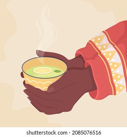 Sujetando una taza de té de limón verde de color plano ilustración vectorial. Bebida caliente con menta. Tomar la taza de bebida aromática de hierbas aromáticas caricatura 2D de primera mano con fondo abstracto