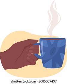 Holding cup of hot coffee 2D vector isolated illustration. Aromatic beverage. Taking mug with americano flat first view hand on cartoon background. Warm drink for cold weather colourful scene