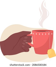 Sujetando taza de té caliente 2D vector ilustración aislada. Bebida aromática. Tomar el tazón rojo con el tejo de té plano de primera mano en el fondo de las caricaturas. Beber cálido para la escena colorida del clima frío