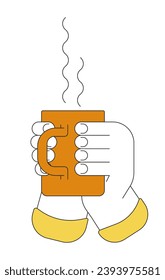 Holding cup of tea herbal medicine linear cartoon character hands illustration. Warm beverage drinking outline 2D vector image, white background. Healing drink steaming editable flat color clipart