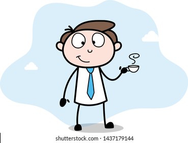 Holding a Cup of Tea - Office Businessman Employee Cartoon Vector Illustration