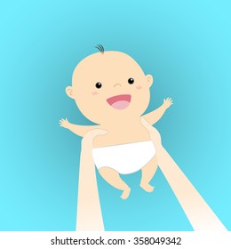 holding cute cartoon baby in happy hands over head vector