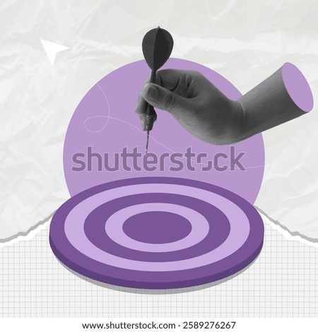 
Holding a dart at a target - business targeting illustration with target focus concept. Art. Digital collage. Pop. Modern art. Vector illustration on crumpled paper texture background
