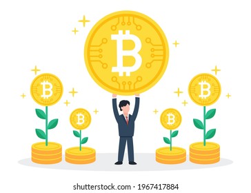 ฺBusinessman holding a digital coin overhead surround with bitcoin trees. Creative financial concept of cryptocurrency investment or virtual money. Simple trendy cute vector flat style illustration.