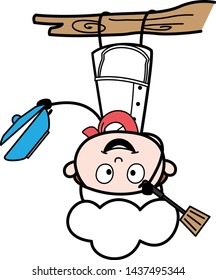 Holding Dishes and Hanging Upside Down - Cartoon Waiter Male Chef Vector Illustration