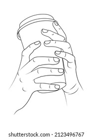 Holding disposable paper coffee cup vector sketch.