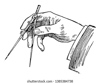 Holding the Divider in the right hand and presenters as an unimportant, their rounders are crucial for the further processing, vintage line drawing or engraving illustration.