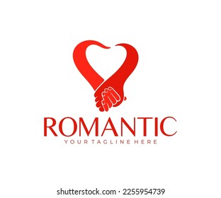 Are holding each other's hands and heart, love, date and wedding, logo design. Man and woman, emotions, feelings, hands and arms, vector design and illustration