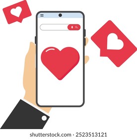 Holding electronic smartphone and liking photos, posts and comments. Vector business people character illustration.

