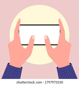 Holding empty screen mobile phone in two hands. Editable smartphone template.