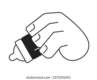 Holding feeding bottle monochrome flat vector hand. Milk bottle with pacifier. Editable black and white thin line icon. Simple cartoon clip art spot illustration for web graphic design