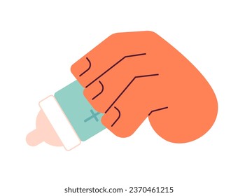 Holding feeding bottle semi flat colour vector hand. Milk bottle with pacifier. Editable cartoon clip art icon on white background. Simple spot illustration for web graphic design