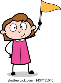 Holding a Flag - Retro Office Girl Employee Cartoon Vector Illustration