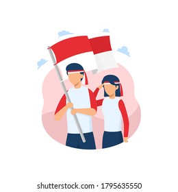 holding flag and wearing red white shirt. indonesia independence day celebration vector illustration