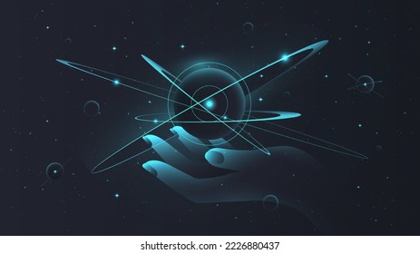 Holding floating atom. Symbol of science, physics and chemistry, study of trace elements. Knowledge and education, experiments. Futuristic poster or banner. Cartoon isometric vector illustration