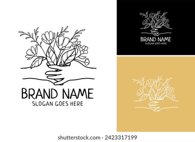 Holding a flower bucket. Give each other. Flower studio Logo Set Vector Illustration.
