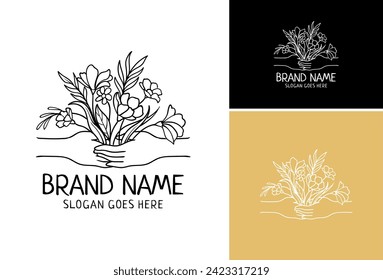 Holding a flower bucket. Give each other. Flower studio Logo Set Vector Illustration.
