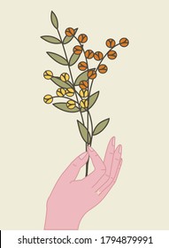 Holding A Flower Illustration. Beautiful Flower Illustration. Hand Illustration.