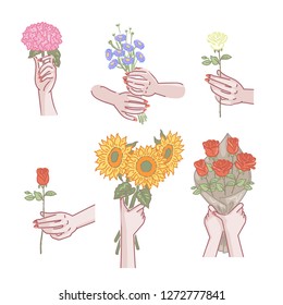 holding flowers hands female set. Women hand holding Flower bouquet. Meaning of showing love. Various,different gestures, rose, daisy, sunflower, hydrangea. illustrations vector design of hand drawn.