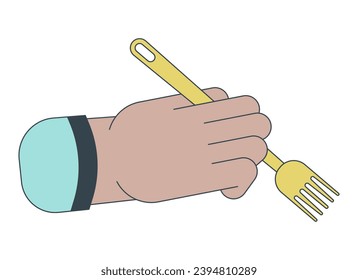 Holding fork linear cartoon character hand illustration. Eating with utensil outline 2D vector image, white background. Lunchtime dinner time. Cutlery fork. Using tableware editable flat color clipart