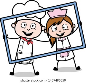 Holding a Frame for Picture - Cartoon Waiter Male Chef Vector Illustration