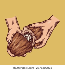 Holding Fresh Cocoa Fruit Illustration With Vintage Style 