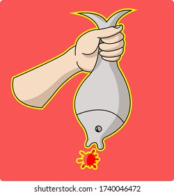 is holding a fsh  that is spewing virus