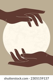 Holding full moon in hands print illustration. Tarot card