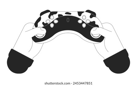 Holding gamepad cartoon human hands outline illustration. Videogame controller buttons pressing 2D isolated black and white vector image. Gadget. Carrying joystick flat monochromatic drawing clip art