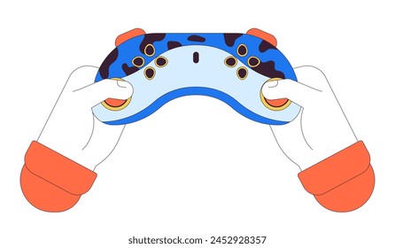 Holding gamepad linear cartoon character hands illustration. Videogame controller buttons pressing outline 2D vector image, white background. Game gadget. Carrying joystick editable flat color clipart