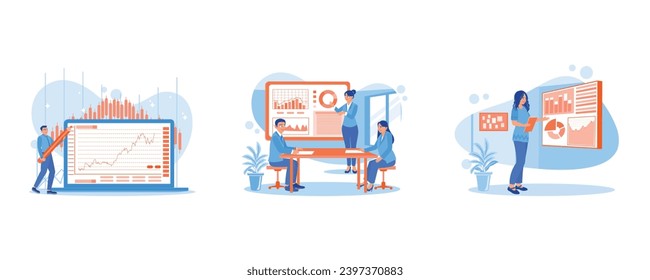 Holding a giant pencil in front of the screen. Analyze growth charts. Sales meeting presentation. Growth Analysis Concept. set trend modern vector flat illustration