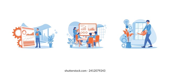 Holding a giant pencil in front of the screen. Analyze growth charts. Sales meeting presentation. Growth Analysis Concept. Set Flat vector illustration.
