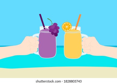 ้Hand is holding the glass cup of grape and orange smoothie at the beach with the sea. A cold soft drink for summer. Healthy beverage. Travel advertisement. Tropical vacation. Holiday trip. 