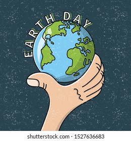 Holding globe on hand. Concept of the Earth day; saving planet; environmental protection. Vector flat illustration.