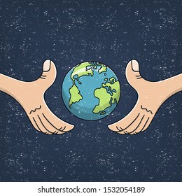 Holding globe on hands. Concept of the Earth day, saving planet, environmental protection. Vector flat illustration.