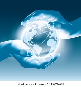 Holding a glowing earth globe in hands - save the world