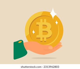 Empresario Mano sosteniendo una moneda de oro Bitcoin. Bitcoin y concepto criptodivisa. Ilustración del vector