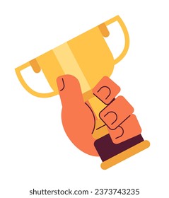 Holding golden cup award semi flat colour vector hand. Prize. Trophy for championship. Editable cartoon clip art icon on white background. Simple spot illustration for web graphic design