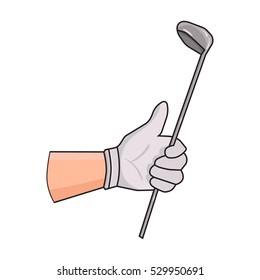 Holding of a golf club icon in cartoon style isolated on white background. Golf club symbol stock vector illustration.