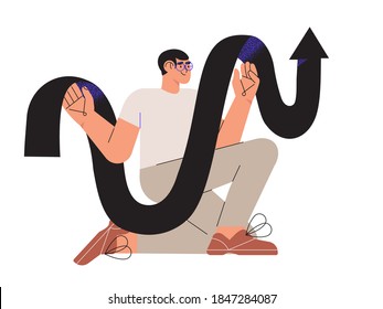 Сharacter holding growing stat data black arrow in hands. Vector illustration for ui, web site design. Business, profit, financial and economic growth. Statisctics and sales analysis concept.